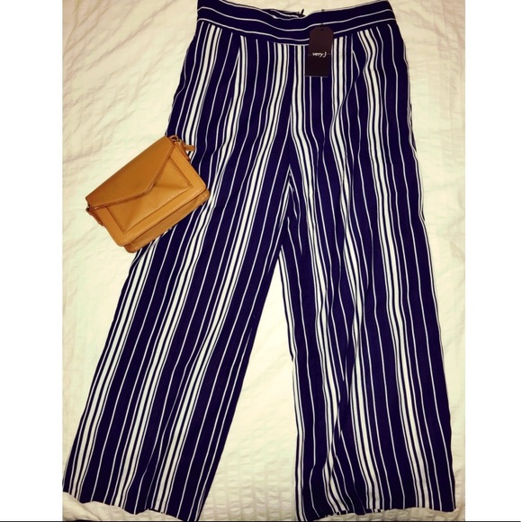 Very J Pants - Blue & White Cropped Palazzo Trousers